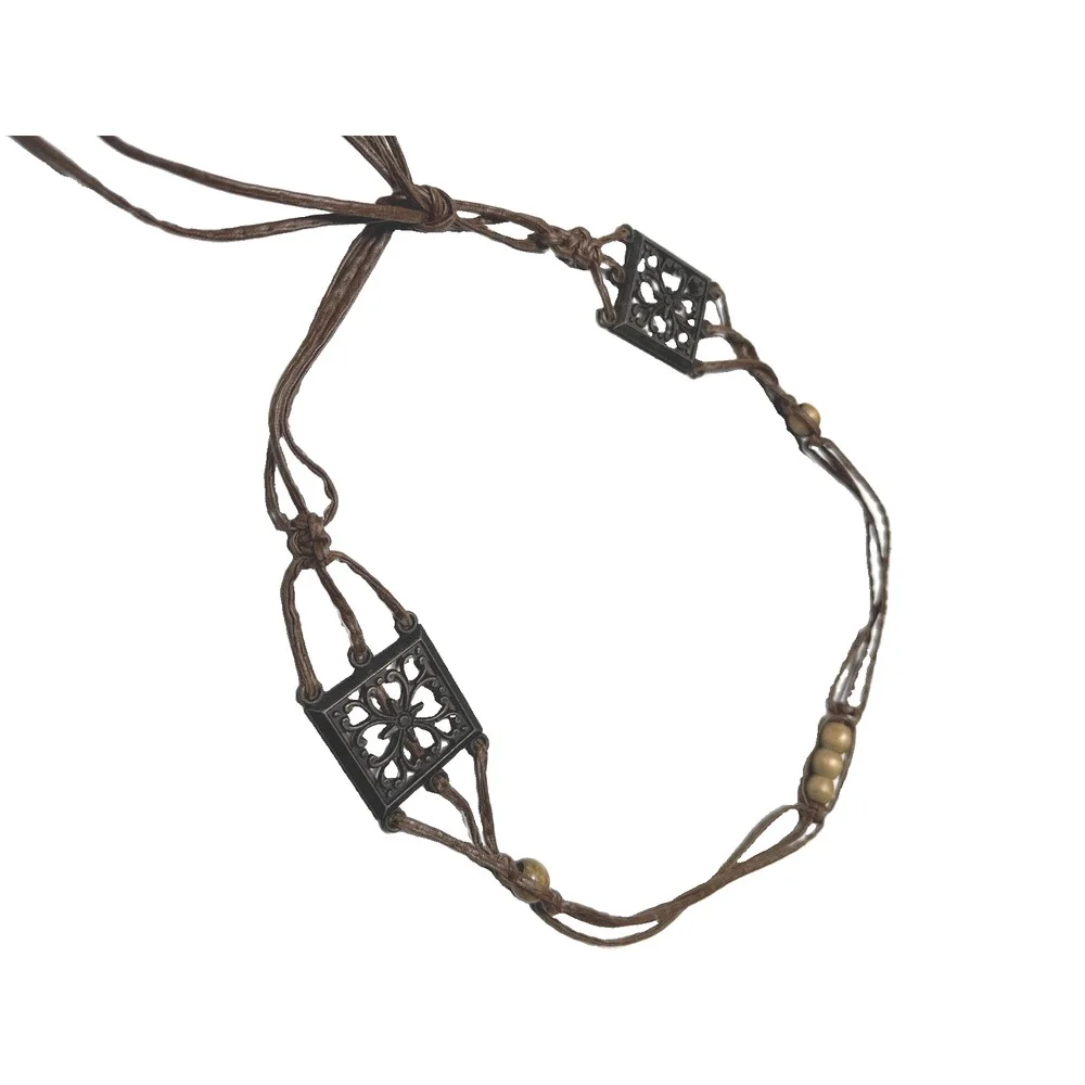 Vintage Womens Tie Waist Belt Wooden Beads Brass Filigree Boho Faux Leather 48